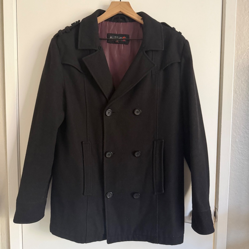 Guess Mens Double Breasted Pea Coat Black Wool Blend Grunge Punk Dark Academia